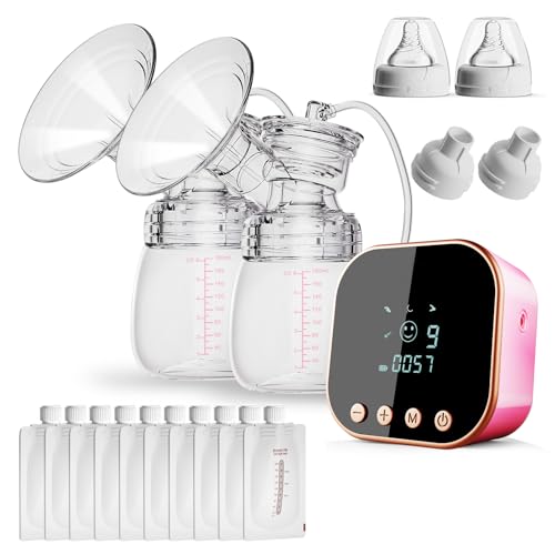 Double Electric Breast Pumps, Rechargeable Breastfeeding Pump with 4 Modes, 9 Levels, LCD Display, Anti-Backflow, Double Milk Extractor -19/24mm Flange, 10 Storage Bags, Pink