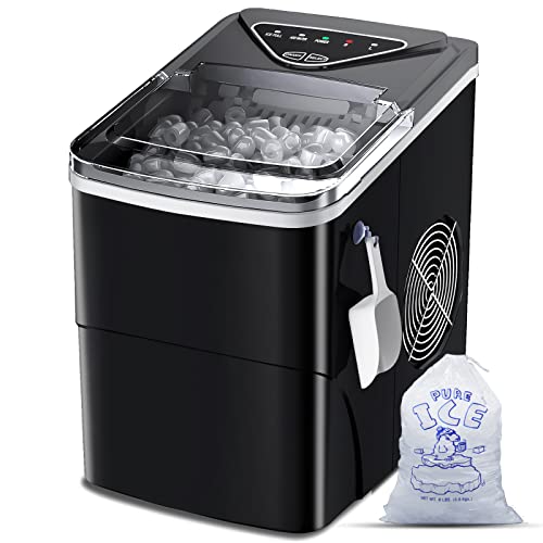 Ice Makers Countertop, Self-Cleaning Function, Portable Electric Ice Cube Maker Machine, 9 Pebble Ice Ready in 6 Mins, 26lbs 24Hrs with Ice Bags and Scoop Basket for Home Bar Camping RV(Black)