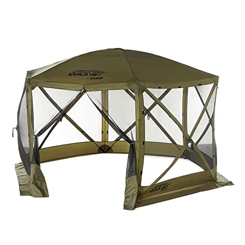 CLAM Quick-Set Escape 11.5 x 11.5 Foot Portable Pop-Up Outdoor Camping Gazebo Screen Tent 6 Sided Canopy Shelter with Ground Stakes & Carry Bag, Green