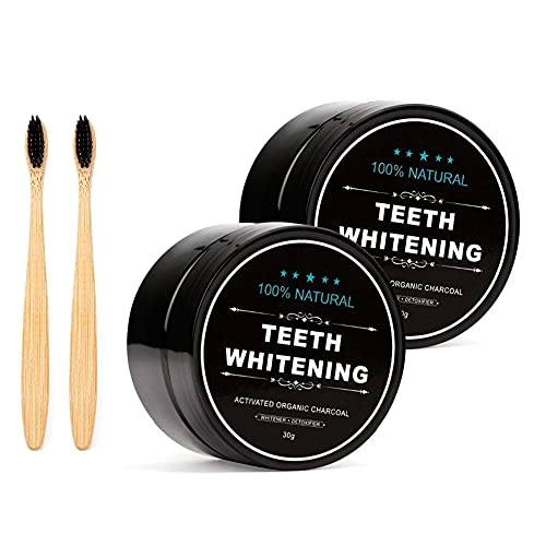 2-Pack Activated Charcoal Teeth Whitening Powder Natural Coconut Teeth Whitener with Bamboo Brush