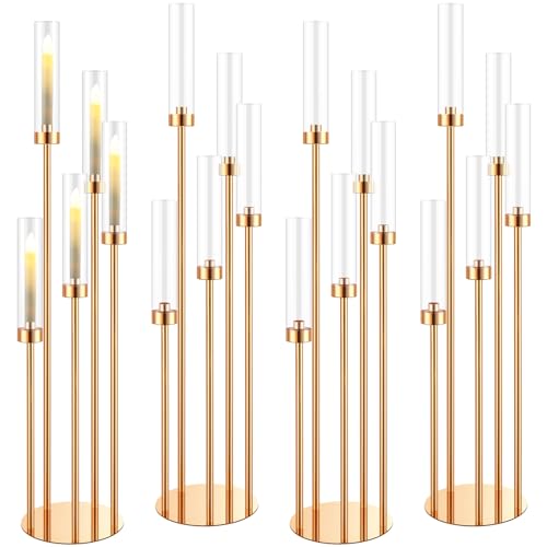 Tessco 4 Set Floor Candelabra 5 Arm 42.5'' Tall Gold Candle Holder, Candelabra Centerpieces for Tables, Metal Candlestick Set with Acrylic Lampshade for Wedding Party Home Decoration