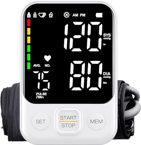 Blood Pressure Monitor Upper Arm Blood Pressure Monitors for Home Use BP Machine with 2x120 Reading Memory Adjustable Arm Cuff 8.7'-15.7' LED Background Light Large Display with Storage Bag - White