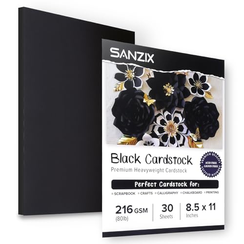 SANZIX 30 Sheets Black Cardstock 8.5 x 11 Inch Thick Paper, 80lb. 216 GSM Heavy Weight Printer Paper, Cardstock for Invitations, Menus, Calligraphy, Stationery Printing, Scrapbook, Crafts, DIY Cards