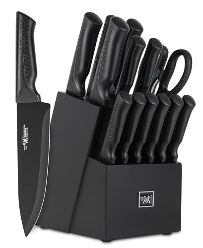 Hundop knife set, 15 Pcs Black knife sets for kitchen with block Self Sharpening, Dishwasher Safe, 6 Steak Knives, Anti-slip handle