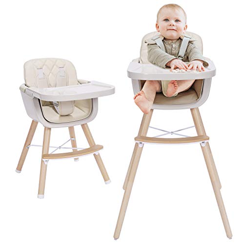 3-in-1 Convertible Wooden High Chair,Baby High Chair with Adjustable Legs & Dishwasher Safe Tray, Made of Sleek Hardwood & Premium Leatherette,Cream Color