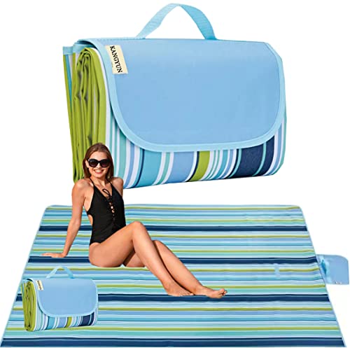 Beach Blanket Outdoor Picnic Blanket Mat 80'x60' Extra Large Waterproof Sand Proof Camping Blanket Lightweight Folding Portable Travel Blanket for Family Park Beach Grass (Blue Line)