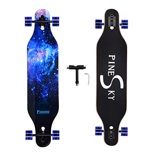 PINESKY 41 Inch Longboard Skateboard 9 Ply Natural Maple Complete Skateboard Cruiser for Cruising, Carving, Free-Style and Downhill with T-Tool Blue Sky