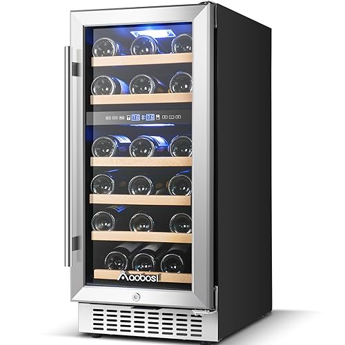 AAOBOSI 15 Inch Wine Cooler Refrigerator, 【Upgraded】Dual Zone Wine Fridge 28 Bottles Built in or Freestanding Compressor Cooler Wine Cellar with Temperature Memory, Fog Free, Front Vent,Safety Lock
