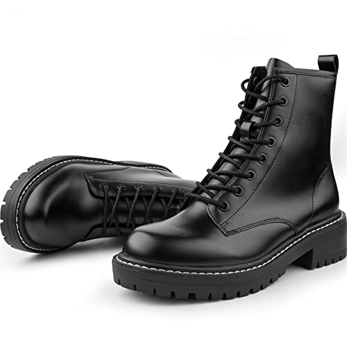 ICHIGO Women’s Fashion Ankle Booties Causal 8-Eye Side Zipper Lace-up Combat Boots(Black 5.5)