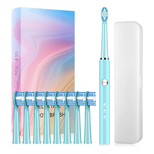 SHAOJIER Sonic Electric Toothbrush , Electronic Toothbrush for Adults with 8 Brush Heads,Rechargeable Electric Toothbrush with Travel case, 40 Day Endurance, 3 Modes and Timer, (Blue)