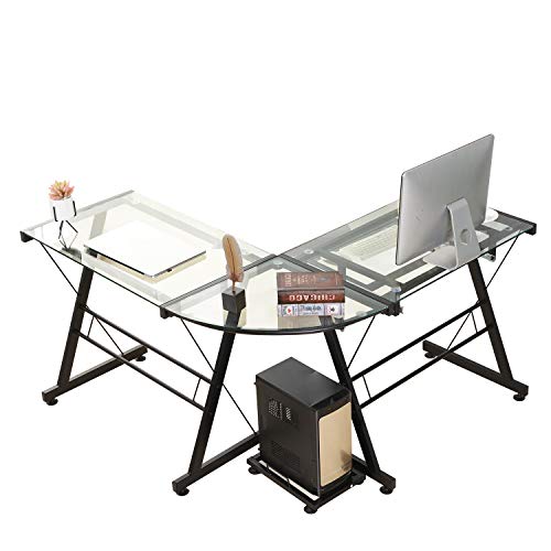 L-Shaped Corner Desk, soges Computer Desk with Round Corner, Gaming Desk with CPU Stand, Tempered Glass L Desk, Writing Desk for Home Office, Clear