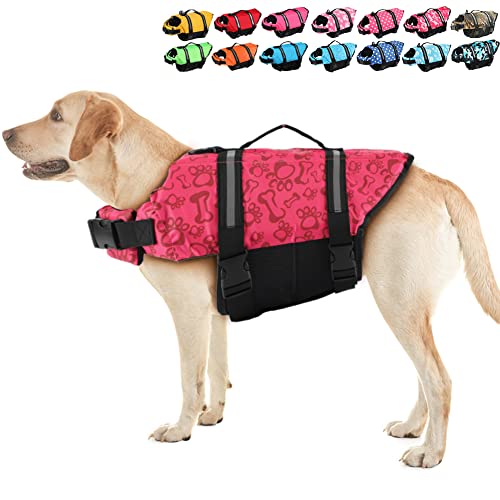 EMUST Dog Life Jackets, Dog Life Vests for Swimming, Beach Boating with High Buoyancy, Dog Flotation Vest for Small/Medium/Large Dogs, Red Bones, S