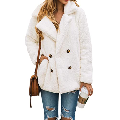 PRETTYGARDEN Women's Fashion Winter Coat Long Sleeve Lapel Zip Up Faux Shearling Shaggy Oversized Shacket Jacket (Style Two White,Medium)
