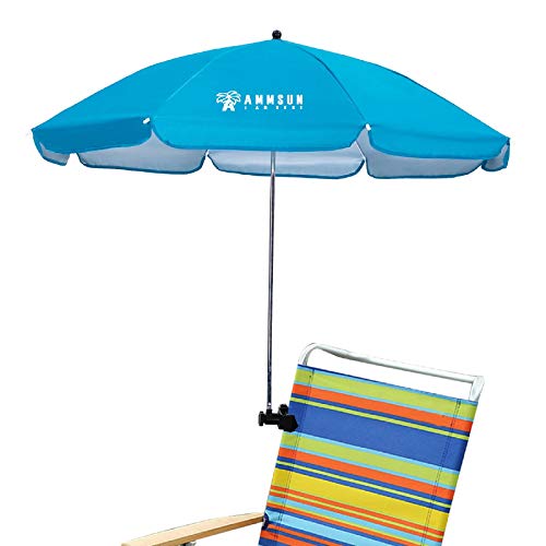 AMMSUN Chair Umbrella with Universal Clamp 43 inches UPF 50+,Portable Clamp on Patio Chair, Beach Chair, Stroller, Sport chair, Wheelchair and Wagon, Bright Blue