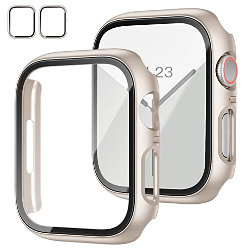 2 Pack Case with Tempered Glass Screen Protector for Apple Watch Series 8 Series 7 41mm,JZK Slim Guard Bumper Full Coverage Hard PC Protective Cover Thin Case for iWatch 41mm Accessories,Starlight
