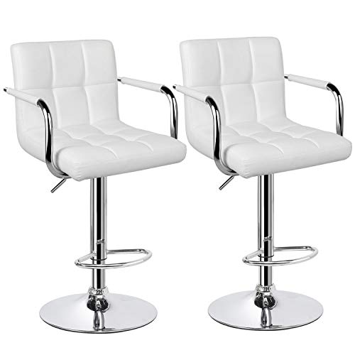 Yaheetech Tall Bar Stools Set of 2 Modern Square PU Leather Adjustable BarStools Counter Height Stools with Arms and Back Bar Chairs 360 Swivel Stool White