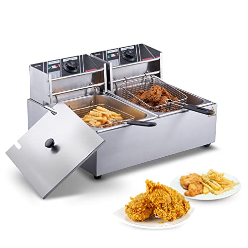 VEVOR Commercial Deep Fryer with Basket, 22.8Qt Electric Deep Fryer for Restaurant and Home Use, w/2 Removable Basket & Lid, 3000W Countertop Dual Electric Oil Fryers with Temperature Limiter, Silver