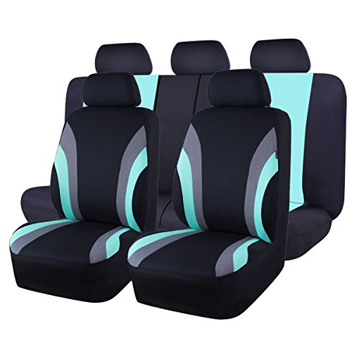 CAR PASS Line Rider Sporty Cloth 11PCS Universal Fit Car Seat Cover -100% Breathable with 5mm Composite Sponge Inside,Airbag Compatible,3zipper Bench(Full Set, Black and Mint)