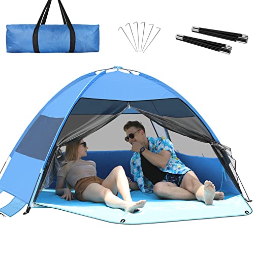 Large Easy Setup Beach Tent,Anti-UV Beach Shade Shelter Beach Canopy Tent Sun Shade with Extended Floor & 3 Mesh Roll Up Windows Fits 3-4 Person,Portable Shade Tent for Outdoor Camping Fishing (Blue)