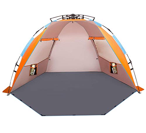 Oileus X-Large 4 Person Beach Tent Sun Shelter - Portable Sun Shade Instant Tent for Beach with Carrying Bag, Stakes, 6 Sand Pockets, Anti UV for Fishing Hiking Camping, Waterproof Windproof, Orange