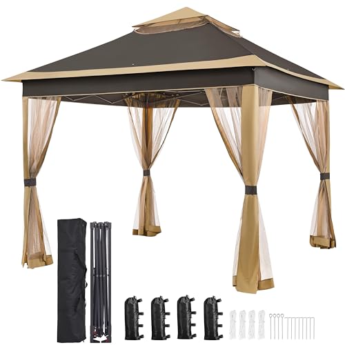 Yaheetech 11x11 Pop Up Gazebo Outdoor Canopy Shelter, Instant Patio Gazebo Sun Shade Canopy Tent with 4 Sandbags, 2 Tiers Roof & Mesh Netting for Lawn, Garden, Backyard & Deck, Brown