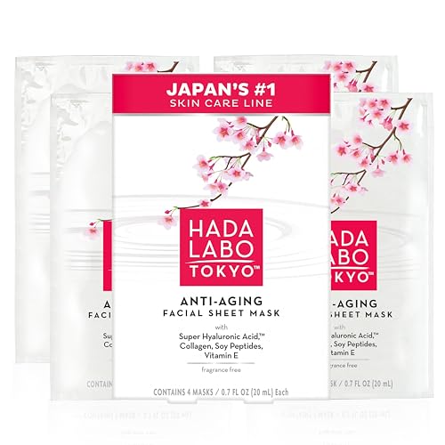 Hada Labo Tokyo Anti-Aging Facial Sheet Mask, with Super Hyaluronic Acid, Collagen, Soy Peptides & Vitamin E, Spa Face Mask Reduces Fine Lines & Wrinkles, Firms & Hydrates, 4 ct