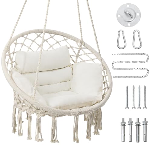 KROFEM Macrame Hammock Hanging Swinging Chair with Medium Cushion, Perfect for Bedroom, Porch, Adults, Balcony, Beige