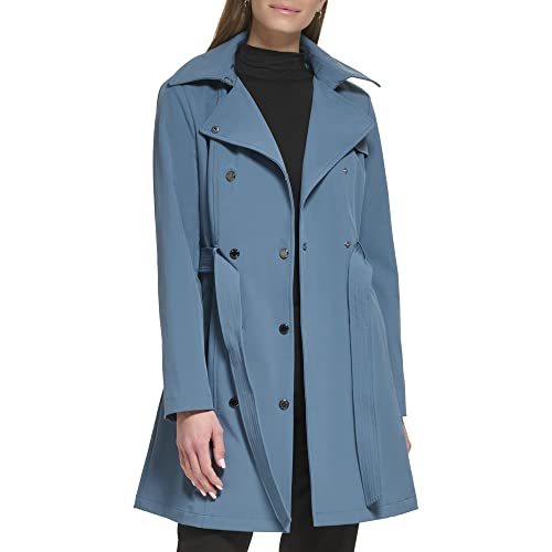 Calvin Klein Women's Double Breasted Belted Rain Jacket with Removable Hood, Oasis Teal, M