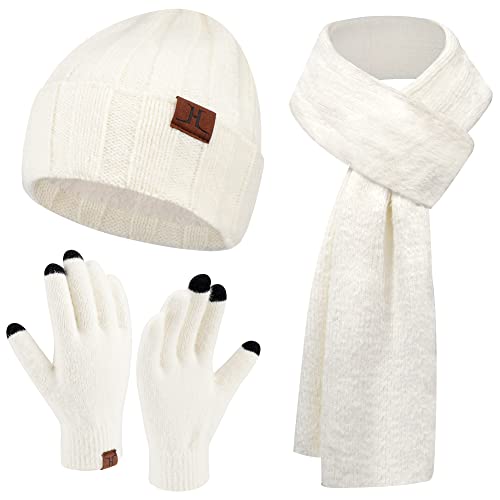 Womens Winter Warm Knit Beanie Hat Touchscreen Gloves Long Scarf Set with Fleece Lined Skull Caps Neck Scarves for Women Men