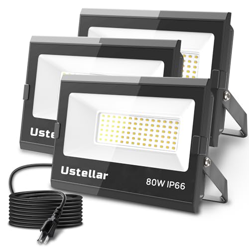 Ustellar Flood Lights Outdoor Plug In 3 Pack 80W Floodlight 800W Equiv., 24000LM Bright Portable Work Light LED Security Light IP66 Waterproof 5000K Daylight White Exterior Lights for House Yard Patio