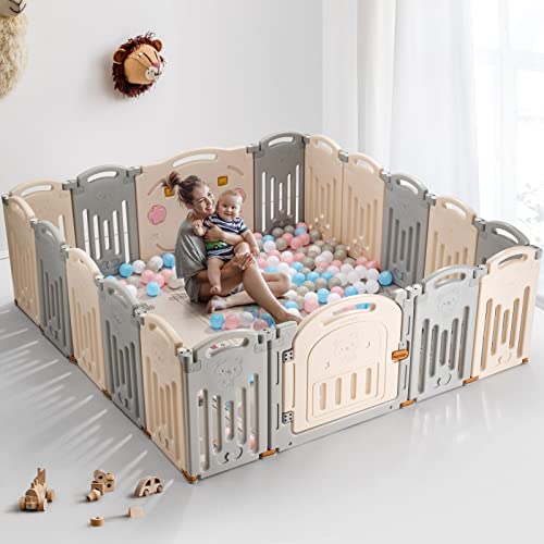 UANLAUO Baby Fence, Foldable Baby Playpen, 18 Panel Extra Large Playpen for Babies Toddlers Infant, Safety Material Portable Baby Play Yards with Gate, NO Gaps Play Area Indoor Outdoor Use, Grey+White