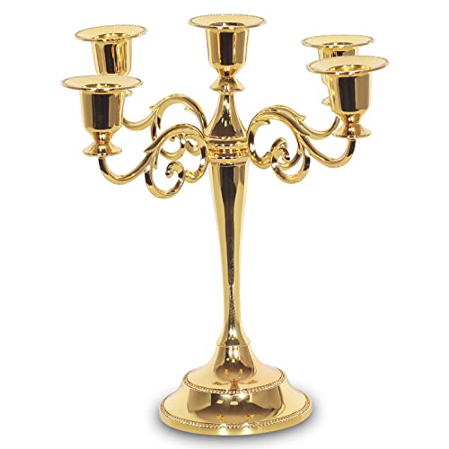 SUJUN 5-Candle Metal Candelabra Candle Holder 10.6 inch Tall Candlestick Holders for Valentine Christmas Home Party Dinning Candle Stand Gold