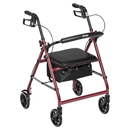 Drive Medical Aluminum Rollator Walker Fold Up and Removable Back Support, Padded Seat, 6' Wheels, Red