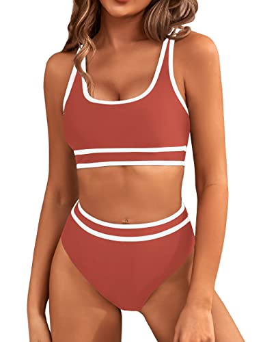 BMJL Women's High Waisted Bikini Sets Sporty Two Piece Swimsuits Color Block Cheeky High Cut Bathing Suits(M,Rust Red)