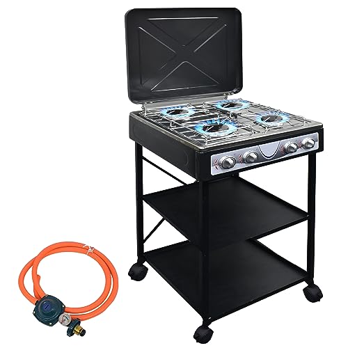 4 Burner Gas Stove Camping Stove Propane Burner Portable Stable RV Stove Top Stainless Steel Camping Grill Stove Outdoor Safety with Removable Stand, CSA Certified Gas Regulator and Hose Easy to Clean