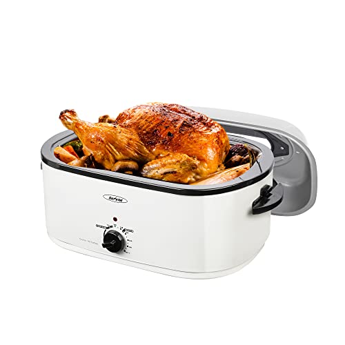 26lb 22-Quart Roaster Oven with Visible Glass Lid, Sunvivi Electric Roaster with Removable Pan & Rack, 150-450°F Full-Range Temperature Control with Defrost/Warm Function, Stainless Steel, White…