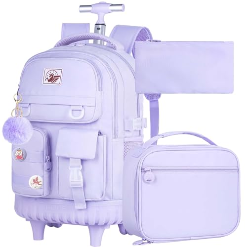 Rolling Backpack for Girls, 21 inch Water Resistant Roller School Bag with Wheels, Wheeled Backpacks Set for Teen Women Elementary Travel - Purple