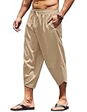 COOFANDY Men's Linen Harem Capri Pants Lightweight Loose 3/4 Shorts Drawstring Elastic Waist Casual Beach Yoga Trousers (Khaki*, Medium)