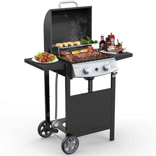 Cowsar 2 burner BBQ Propane Gas Grill, stainless steel 20000 BTU, equipped with 2 sides storage shelves and 2 wheels for easy mobility, Ideal for outdoor kitchens and backyard patio barbecues