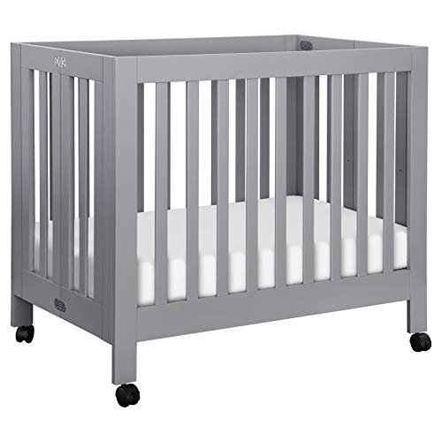Babyletto Origami Mini Portable Folding Crib with Wheels in Grey, 2 Adjustable Mattress Positions, Greenguard Gold Certified