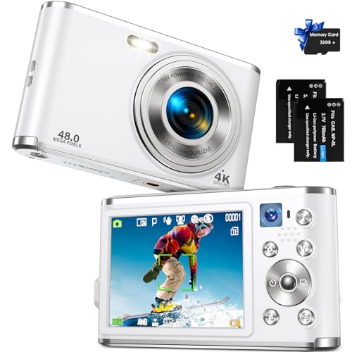 Digital Camera FHD 4K 48MP Vlogging Camera with Autofocus Dual Camera 16X Digital Zoom with 32GB Card Small Digital Cameras for Pictures Portable Compact Travel Camera for Kids Boys Girls Teens,White