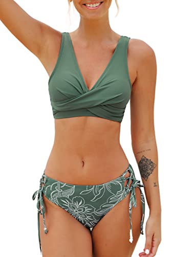 CUPSHE Womens Swimwear Swimsuit Bikini Set Wrapped Front Lace Up Back Floral Two Piece Bathing Suit, Medium Dark Green