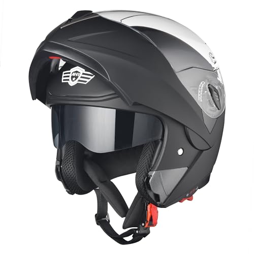 AHR Motorcycle Helmet Dual Visor Modular Flip up Full Face Helmet DOT Approved - AHR Helmet Run-M for Adult Motorbike Street Bike Moped Racing (Matte Black, M)
