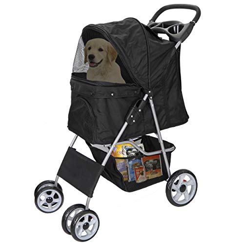 Foldable Pet Dog Stroller for Cats and Dog Four Wheels Carrier Strolling Cart with Weather Cover, Storage Basket + Cup Holder