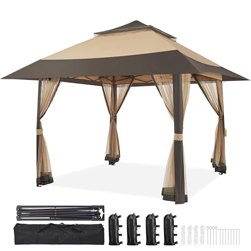 Yaheetech 13x13 Pop Up Gazebo Outdoor Canopy Shelter, Instant Patio Gazebo Sun Shade Canopy Tent with 4 Sandbags, Double Tiers & Mesh Netting for Lawn, Garden, Backyard & Deck, Khaki