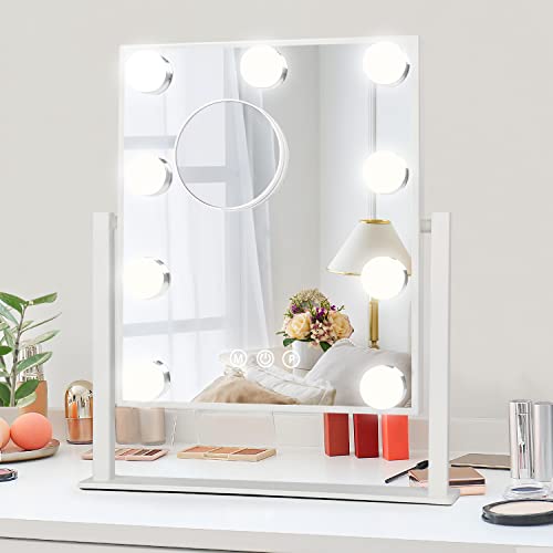 Fabuday Lighted Vanity Makeup Mirror with Lights Hollywood Cosmetic Mirror with 9 Dimmable LED Bulbs for Dressing Room Tabletop, 3 Color Lighting, Detachable 10X Magnification Mirror, White