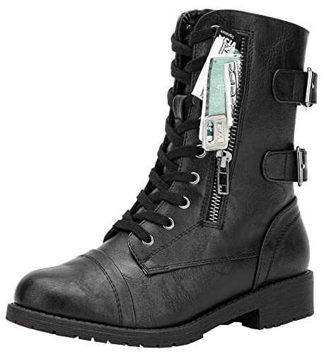 Vepose Women's 929 Combat Boots, Military Boots, Mid Calf Boots, Black Pu, Size 7 US -with Card Wallet Pocket(CJY929 blackpu 07)