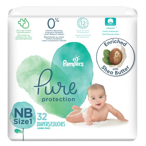 Diapers Size 1/Newborn, 32 Count - Pampers Pure Protection Disposable Baby Diapers, Hypoallergenic and Unscented Protection, Jumbo Pack (Packaging & Prints May Vary)