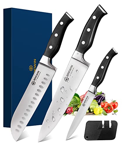 Brewin Professional Kitchen Knives, 3PC Chef Knife Set Sharp Knives Carving Sets for Kitchen High Carbon Stainless Steel, Japanese Cooking Knife with Gift Box