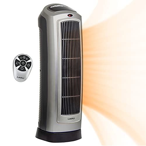 Lasko Electric Space Heater for Indoor Use, Remote, Oscillating, Digital Display, Ceramic Element, Adjustable Thermostat 1500/900 watts, Auto-Off Timer, Overheat Safety Protection,Silver,751320